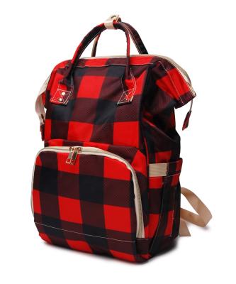 China Water Resistant Diaper Bag Travel Mum Bag Canvas Buffalo Backpack Red and Black Plaid Diaper Backpack for sale