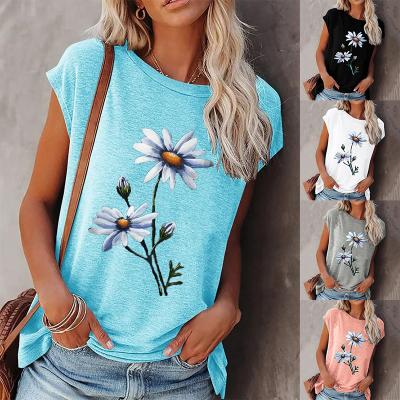 China Amazon News 2021 Summer Sunflower Print Sunflower Print Round Neck Flower Print T-shirt Loose Round Short Sleeve Women's Anti-Shrink Hot Style Women for sale