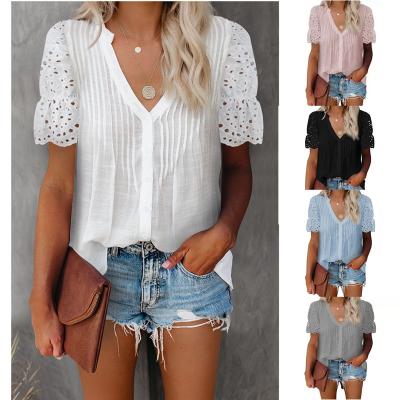 China Anti-pilling European and American style women's summer new lace blouse women's short-sleeved solid color V-neck pullover chiffon shirt for sale