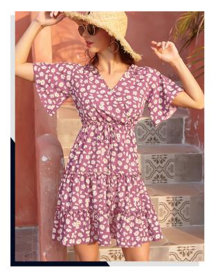 China 2021 European Amazon women's casual French border anti-static v-neck chiffon and American foreign trade lace floral women's dress for sale