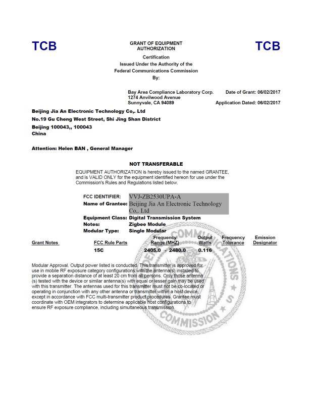 FCC - Beijing Jiaan Electronics Technology Co., Ltd.