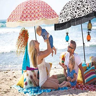 China 2021 Beach Umbrella Durable High Quality Customized Printed With Tassels Polyester Beach Umbrellas for sale