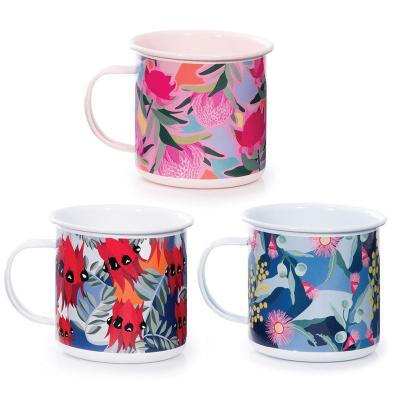 China 2021 Viable Metal Enamel Bulk Professional Steel Can Coffee Camping Mugs With Handles And Flower Printing for sale