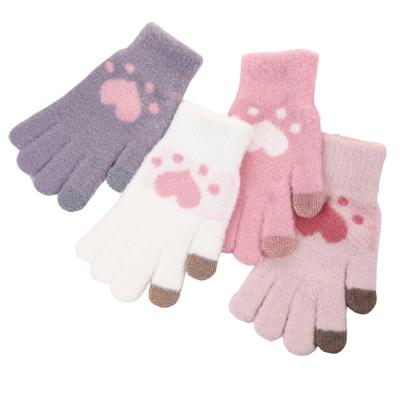 China New Winter Knitted Mittens For Students In Winter Plush Cold Proof Cartoon Cat Claw Screen Warm Cute Mittens for sale