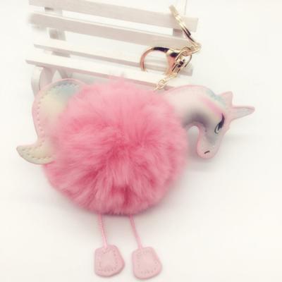 China 2021 New Metal Design Fashion Faux Ball Fur Dyed Unicorn Handbag Keychain Cute Key Chain for sale