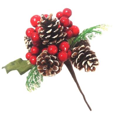 China Plastic and Traditional Artificial Wire Holly and Berry Pick Christmas Pine Cone Picks for sale