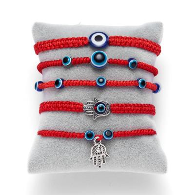 China Fashion Eco-Friendly Handmade Adjustable Braided Twine Rope Red Silk Women Charm Fatima Hamsa Hand Pendant Turkish Evil Eye Bracelets for sale