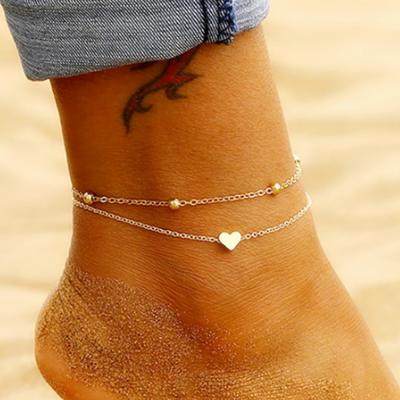 China TRENDY Double-Layer Simple Love Beach Anklet Gold Peach Heart and Round Beads for Women Girls for sale