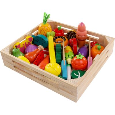 China MDF Toys Educational Kitchen Wooden Fun Cutting Fruit Pretend Food Toy Set for sale