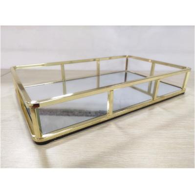 China Modern Style Dressing Table Mirror Trays Gold Metal Tray With Mirror For Housewares PIH-845 for sale