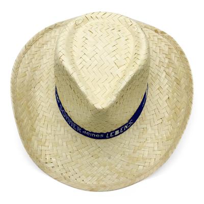 China 2022 Bulk Cheap Wholesale Women's Summer Hats Character Straw Flat Brim Straw Cowboy Hat With Printed Logo Ribbon Band for sale