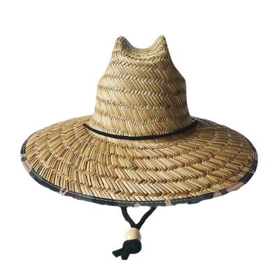 China MOQ Straw Hat Supplier Custom Logo Men's Straw Lifeguard Hat Outsider Sun Protection Hat Bottoms Beach With Adjustable Chin Cord for sale