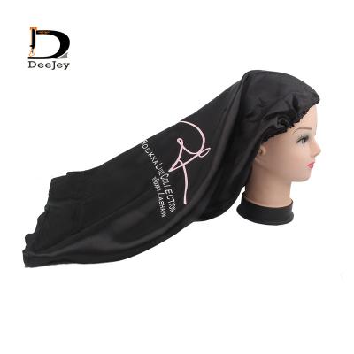 China Best Selling Striped Logo Silk Hood Double Layer Satin Bonnets Custom Made With Logo Hair Long Satin Bonnet for sale