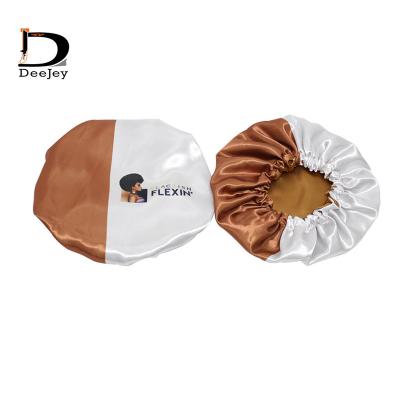 China Wholesale Custom Barred Logo Silk Bonnets For Hair Extension Bundles Wig Color Double Layer Satin Stitching Bonnet for sale