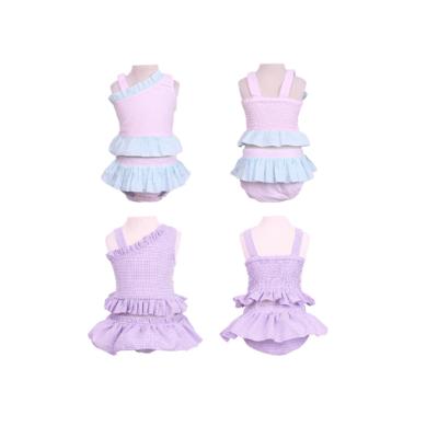 China High Quality 100% Breathable Summer Cotton Seersucker Fabric Ruffle Plaid Kids Girls Two Piece Swimsuit for sale