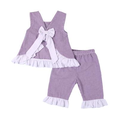 China High Quality Cotton Seersucker Fabric Peep Bow Ruffle Shirt Girls Sweet Girls Clothing Sets Fall Outfits for sale