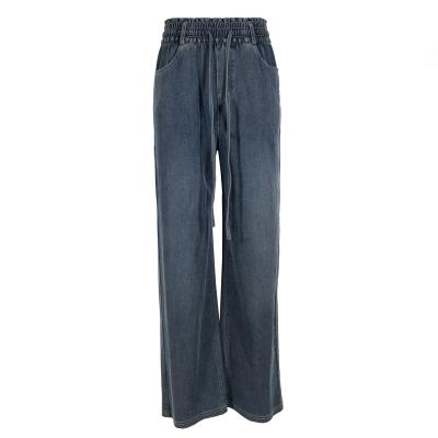 China Viable Jeans Ladies Stretch Drawstring Street Denim Pants Mid Rise Straight Leg Pants for sale