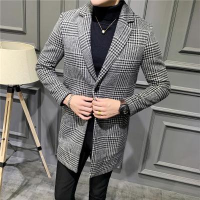 China New Men's Business Cashmere Slim Fit Casual Wool Anti-Shrink Plaid Pea Lapel Tweed Wool Fabric Ditch British Men's Long Coat Winter Coat for sale