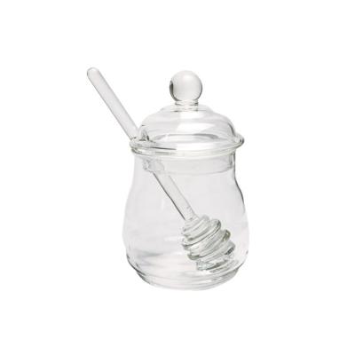 China 280ML Clear Viable Honey Jar With Dipper And Lid Glass Honey Pot Beehive For Home Kitchen for sale