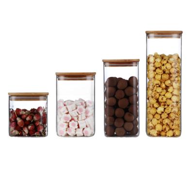 China Sustainable Clear Square Glass Food Storage Container Airtight Jars With Lid Bamboo Wooden Kitchen Canisters For Sugar, Candy, Cookie for sale