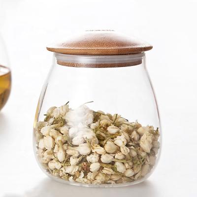 China Viable Mouth Blown Glass Jar Containers With Lid Food Use Bamboo Glass Jar for sale