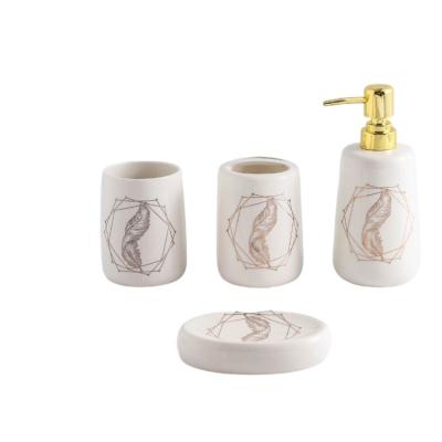 China Viable Wholesale High End Hotel Toothbrush Holder Soap Dispenser 4 Pcs White Ceramic Material Bathroom Set for sale