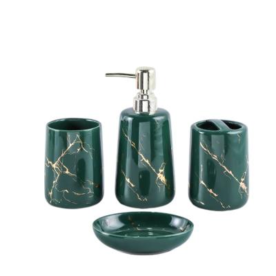 China Sustainable Soap Dispenser Bottle Classic Model 4 Piece Green Nordic Style Premium Ceramic Bathroom Accessory Set for sale