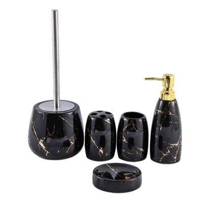 China Fashion Sustainable Hotel Home Gold Streaked 5Pcs Full Black Ceramic Toilet Brush Holder Accessory Bathroom Set for sale