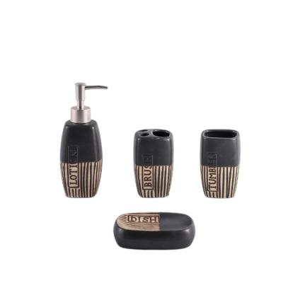 China Sustainable Luxury Household Stripe Matte Double Color 4Pcs Essential Ceramic Bathroom Set With Soap Dispenser for sale