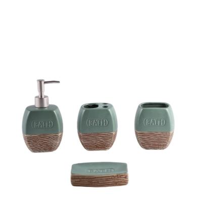 China Vertical Like A Sustainable Wholesale Modern Wood Striped Pattern Design 4Pcs Ceramic Textured Bathroom Accessory Set for sale