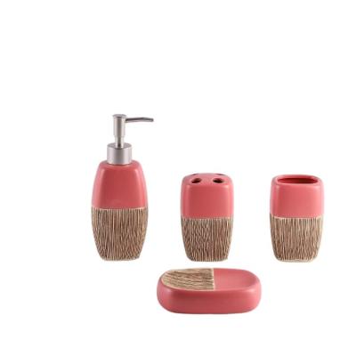 China Viable High Quality Red Handmade Wholesale Lotion Accessory Dispenser Soap Dish Ceramic 4 Piece Bathroom Set for sale