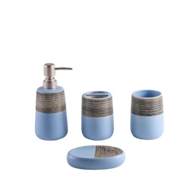 China Sustainable Modern Simple Handmade Cheap Blue And Red Of Four Piece Home Product Ceramic Hotel Bathroom Set for sale