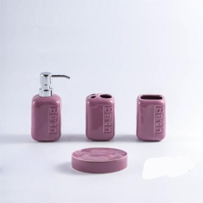 China 4 Piece Sustainable Modern High Quality Ceramic Luxury Accessory Purple Bathroom Set With Relief Logo for sale