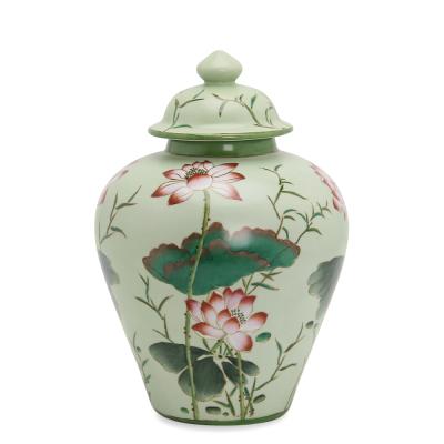 China J183 Coastal Chinese Ceramic Lotus Painting Ginger Teapot Porcelain Green Temple For Home Ginger Vases for sale