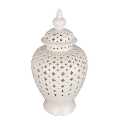 China Wholesale Minimalist Luxury White Ceramic Pierced Ginger Jar Porcelain Hollow Out Jar for sale