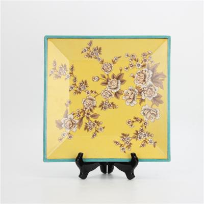 China Sustainable Design Yellow Flower Dish Home Decoration Dish Ceramic Blue Square Square Wall Decor for sale