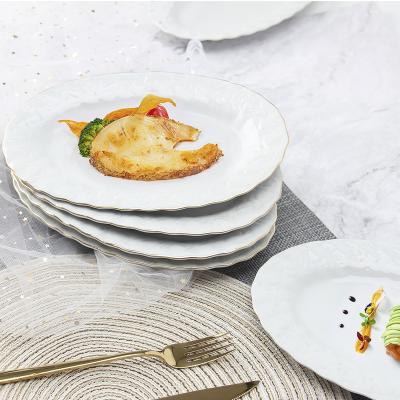 China New Collection P009 Sustainable Wholesale Dish Dinner Fish Gold Ceramic White Dishes Wedding Decor for sale