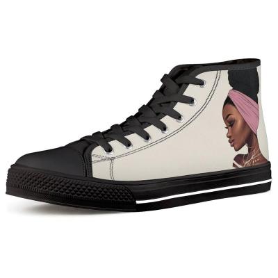 China African Black Lace Up Flats Ladies Canvas Shoes Females Girls Art Printing Vulcanized Shoes Women High Top Sneakers for sale