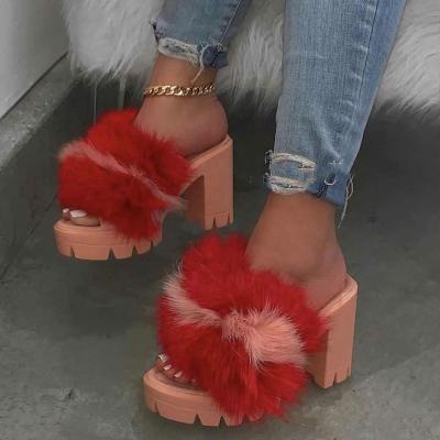 China Lightweight Chunky Heel Fur Women Slippers Sexy Fluffy Pumps Sandals Shoes Coloful for sale