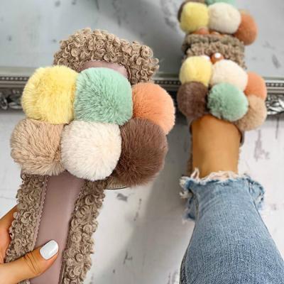 China Fashion trend fur shoes women flock fluffy beige flip flops mules outdoor furry woman cork slippers summer fashion sandals for sale