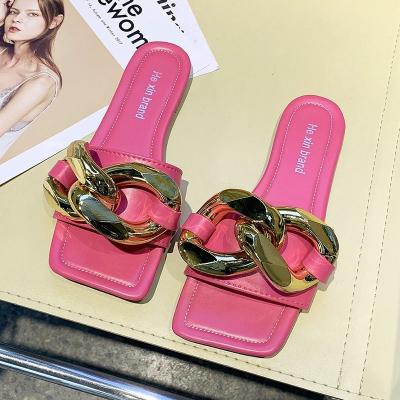 China 2021 Fashion Brand Gold Metal Slippers Women Chain Adjust Flat Toe Shoes Black Casual Slide Beach Flip Flops Candy Color Sandal for sale