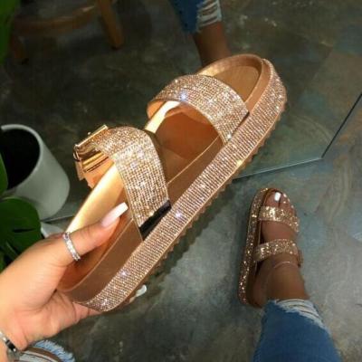 China 2021 Fashion Trend Women's Double-Layer Rhinestone Buckle Sandals Outside Wild Leisure Flip Flop Beach Slippers Ladies for sale