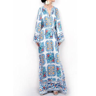 China Womens v neck print washable long sleeve vintage bohemian bohemian dress vintage boho edge color binding split block printed Maxi Dresses NZ001005 for sale