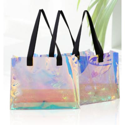 China Fashion Clear PVC Rainbow Plastic Promotional Beach Bags Women Handbags Transparent Holographic Tote Shopping Bag for sale