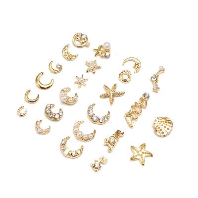 China DIY 23pcs/bag Nail Art Alloy Seaside Style 3D Shell Star Feathers Moon Nails Glitter Zircon Metal Accessories for sale