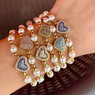 China FASHIONABLE Multicolor Heart Shaped Elastic Rope Bead Adjustable Zircon Rhinestone Beaded Heart Shaped Bracelet Bangle for sale