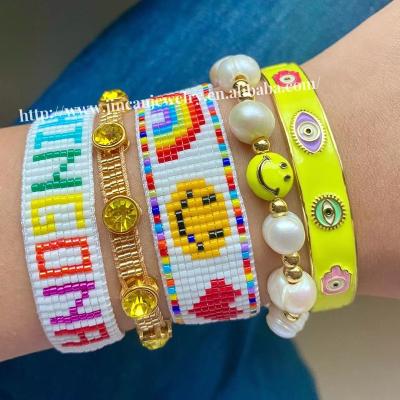 China Fashion Rhinestone Cute Letter Smile Face Beaded Bracelet Vintage Miyuki Smiling Face Bracelet Set For Women for sale