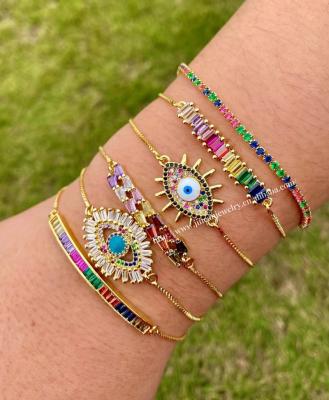 China High Quality Jewelry Set Micro Pave Evils Eye Bracelet 18k Gold Plated Adjustable String Fashion Rainbow Zirrcon Bracelet New Set For Women for sale