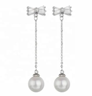 China Fashionable Zircon 3A Bowknot Pearl Dangle Earrings Shape 18K Gold Plated Bowknot Pearl Earrings Wholesale for sale