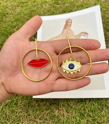 China TRENDY gold plated copper devil's eye earrings big shape big red lips earrings charm women's jewelry for sale